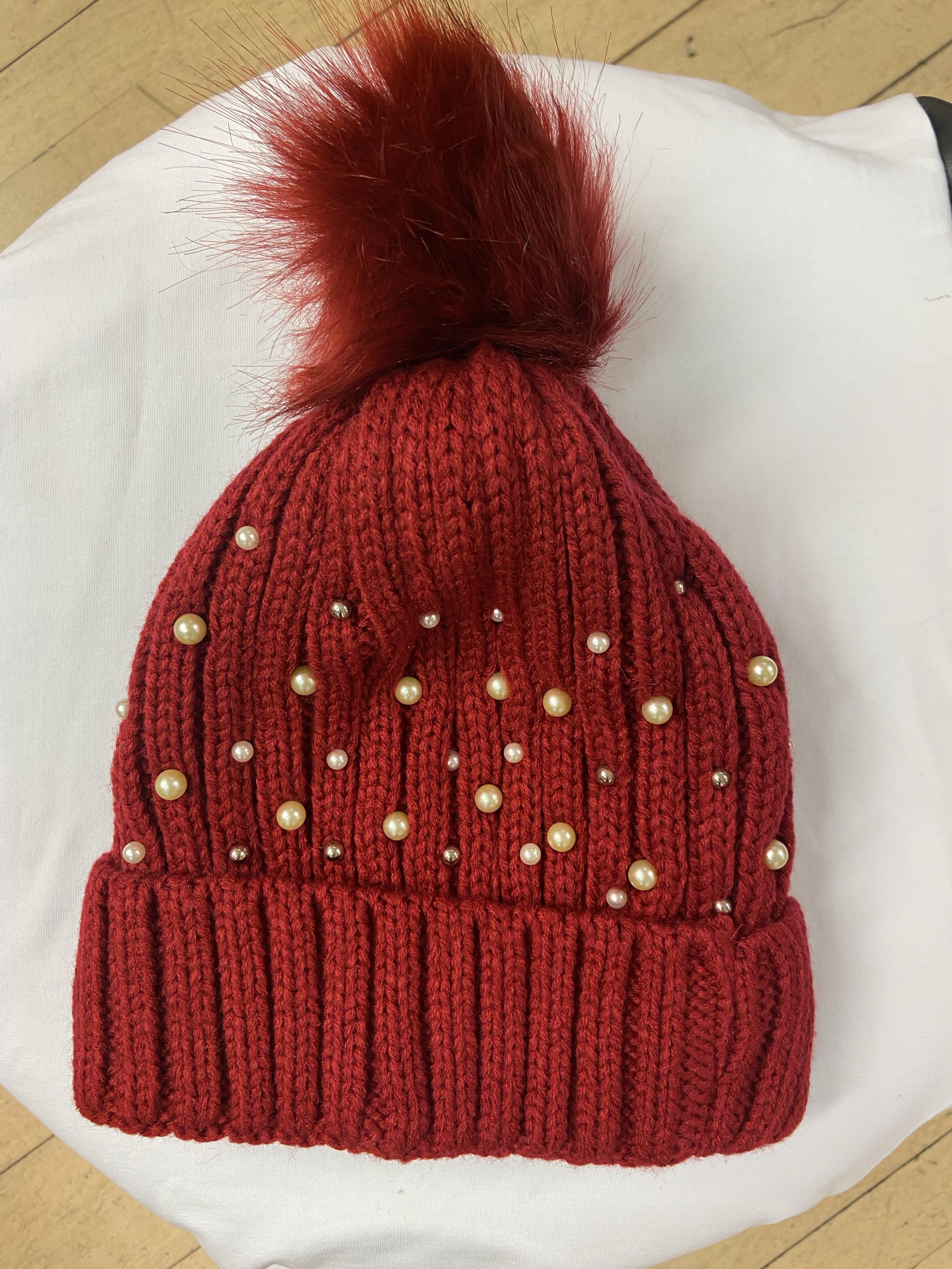 Red Knit White Pearl Pom Pom Beanie | Orchid Boutique | Orchid Boutique